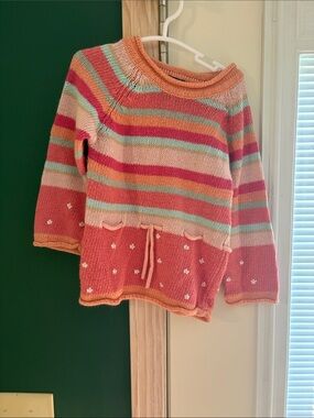 Striped Coral and Mint Knit Women’s Sweater with Drawstring